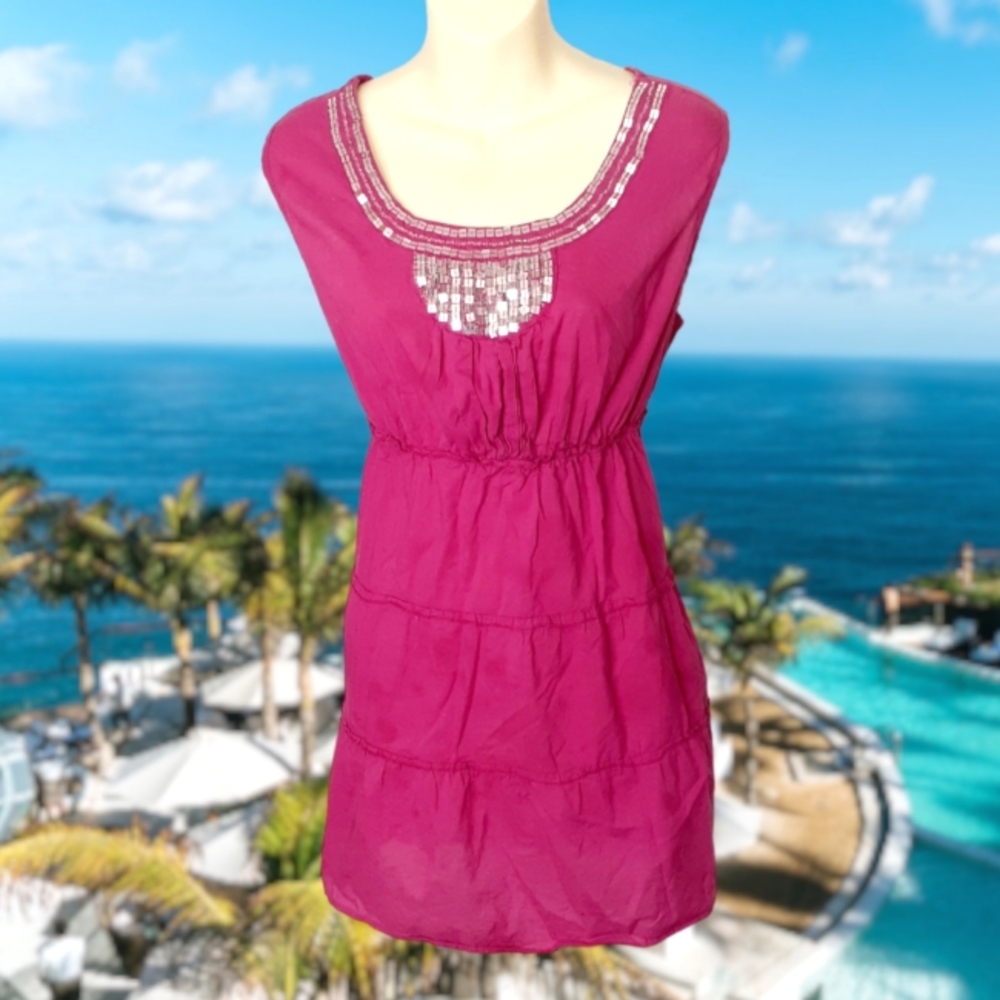LOOP 18 Embellished Sleeveless Tiered Minidress Magenta Pink with Silver Sequins